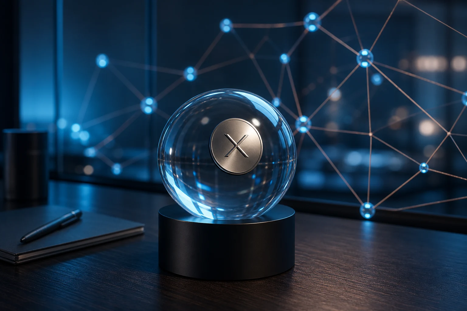 Esfera de vidrio sobre pedestal negro con logo X cobre