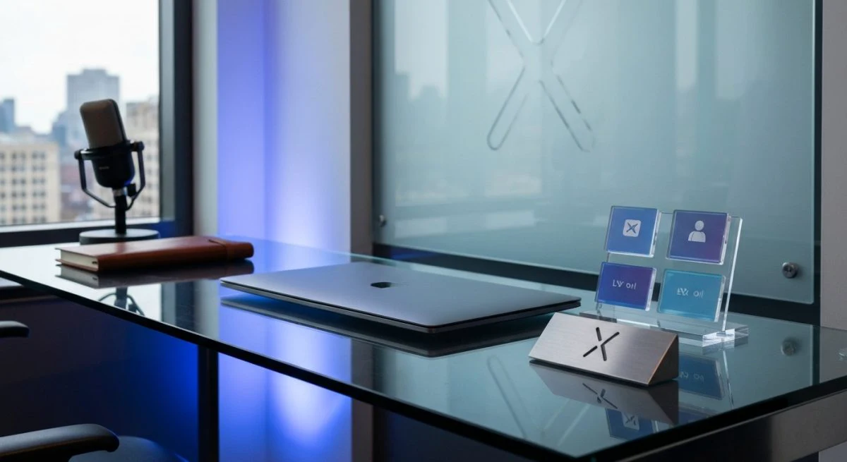 Espacio de creador premium con logo X y escritorio iluminado