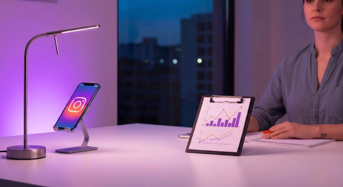 Espacio de marketing moderno con teléfono Instagram anuncios y portapapeles