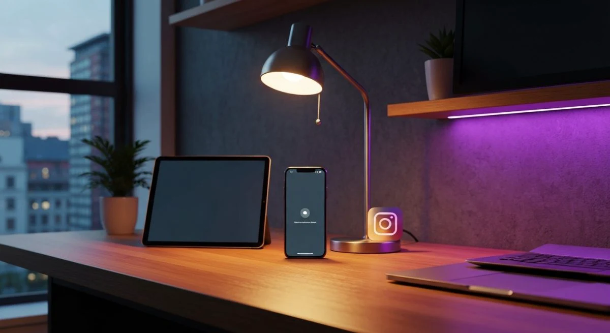 Estación de trabajo con teléfono tablet monitor curvo lámpara Instagram