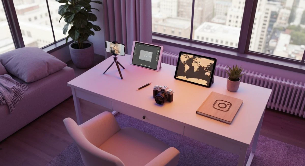 Estudio de edición en casa para Instagram con cuaderno Instagram