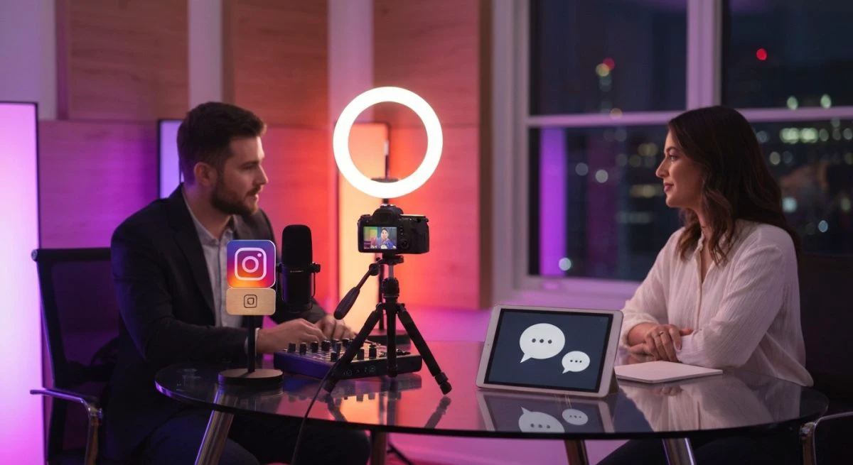 Estudio para Instagram en vivo con presentador e invitado conversando