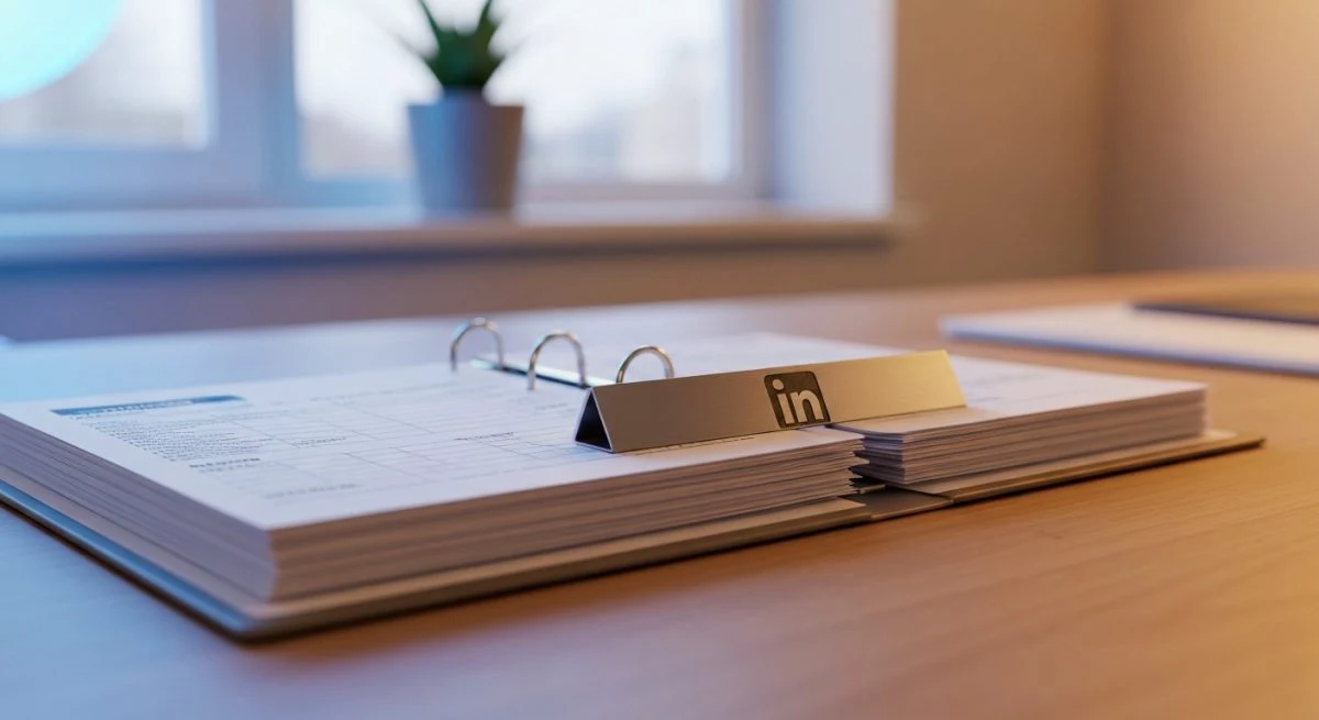 Facturas en carpeta abierta con peso de papel logo LinkedIn