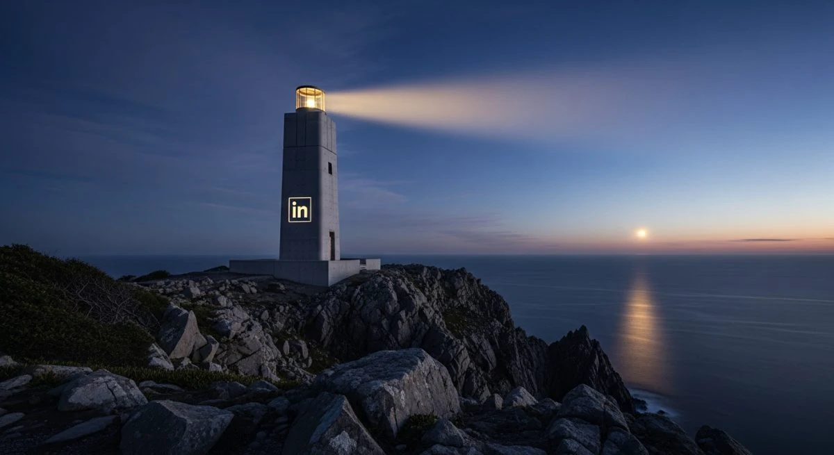 Faro de concreto moderno con logo de LinkedIn en la base