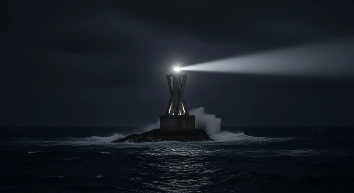 Faro moderno en roca en mar oscuro iluminado por luz blanca
