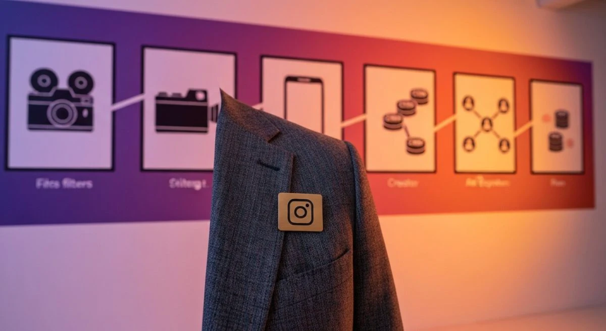 Fotógrafo creador en estudio luminoso con insignia Instagram frente a mural