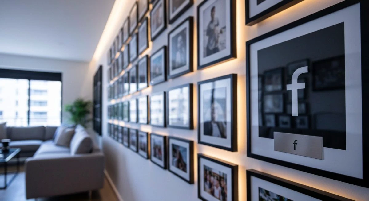 Galería de fotos en pared con placa metálica logotipo f