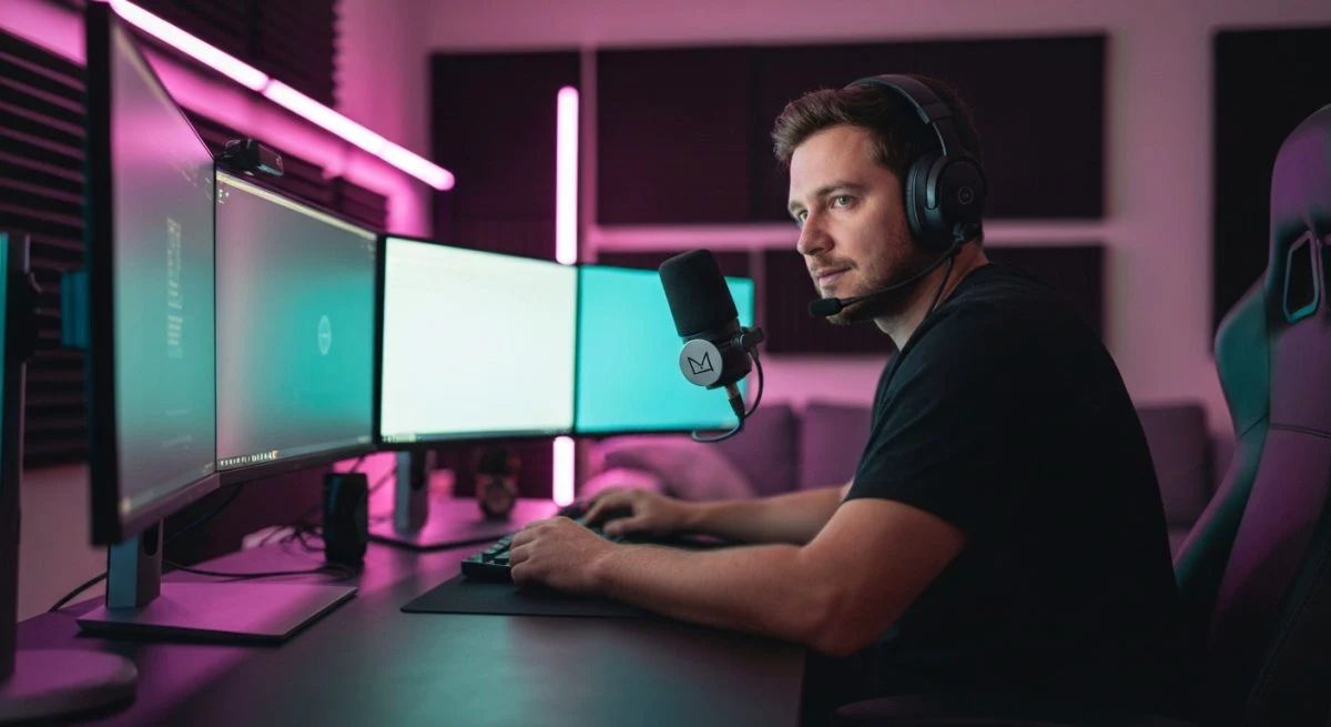 Gamer streamer con audífonos de alta gama frente a monitores
