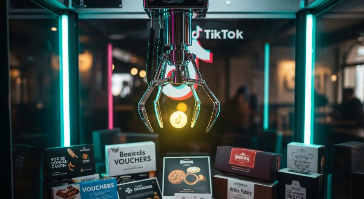 Garra metálica de máquina de arcade sosteniendo un token brillante