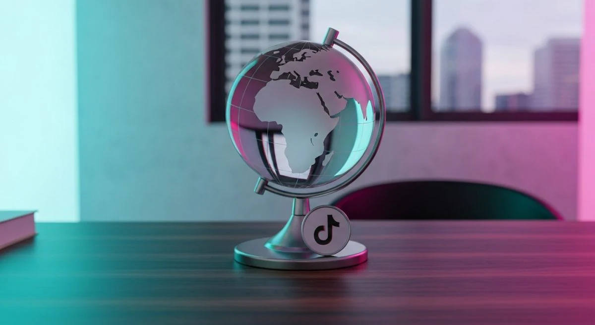 Globo de vidrio sobre escritorio nogal oscuro con placa TikTok