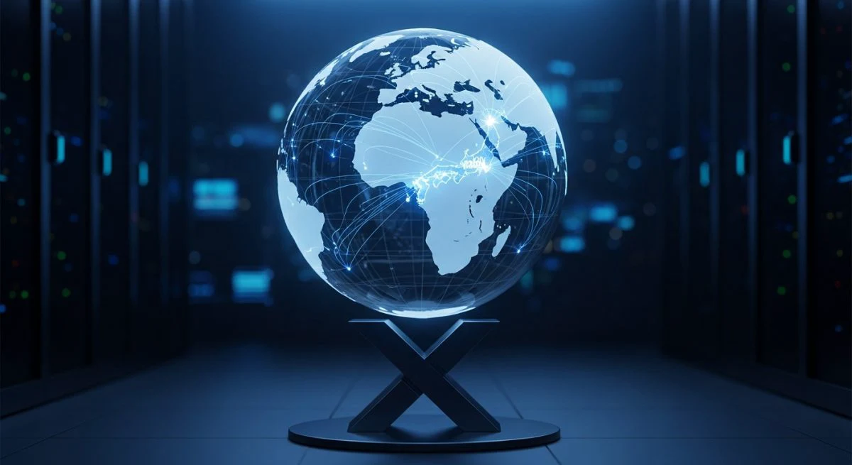Globo translúcido mostrando continentes en soporte metálico con logo X