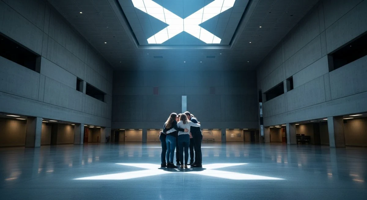Grupo de personas conversando en atrio minimalista con luz X