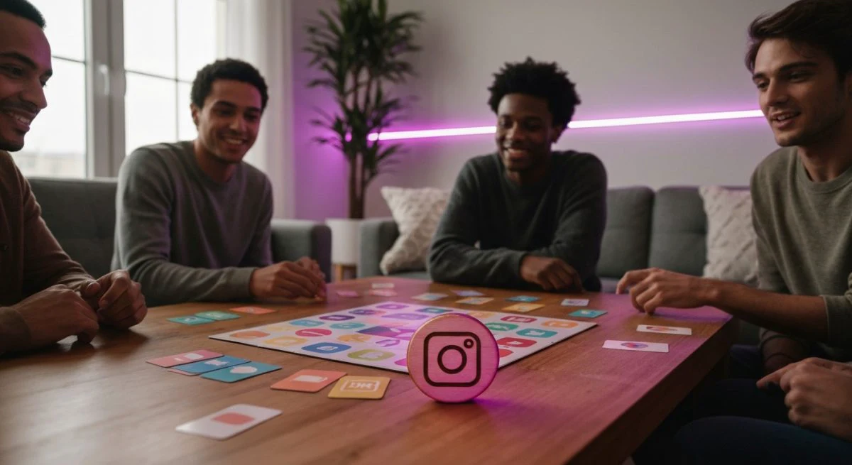 Grupo diverso juega Instagram juego de mesa con ficha grabada