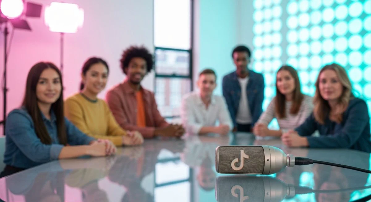 Grupo TikTok diverso rodea mesa de vidrio con micrófono grabado