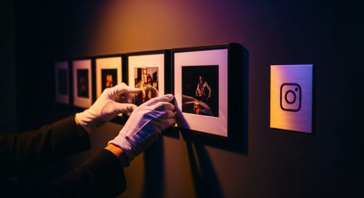 Guantes blancos ajustando foto enmarcada en galería de arte