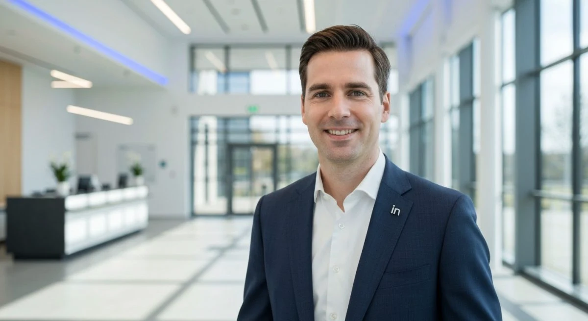 Hombre profesional con traje azul marino y pin de LinkedIn