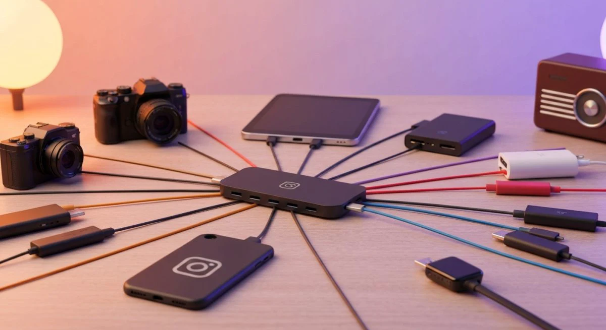 Hub USB C negro mate con cables de colores Instagram
