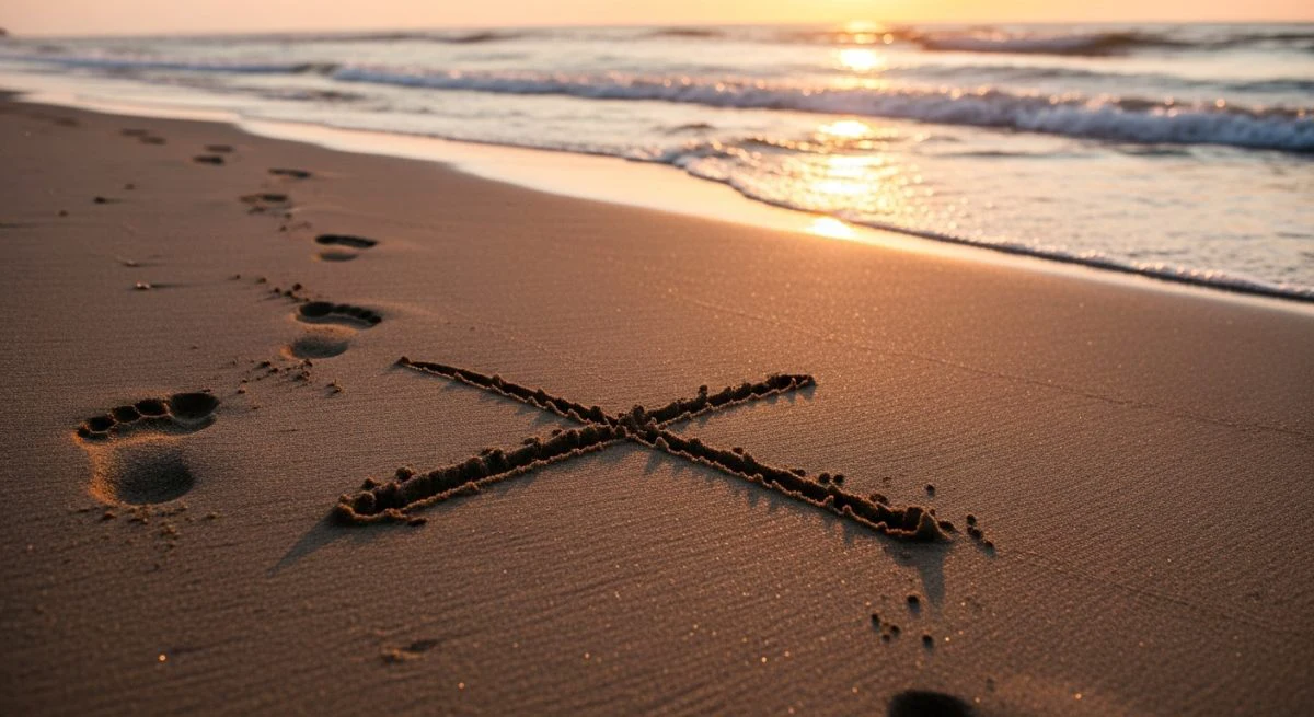 Huellas en arena alejándose de una gran X en playa