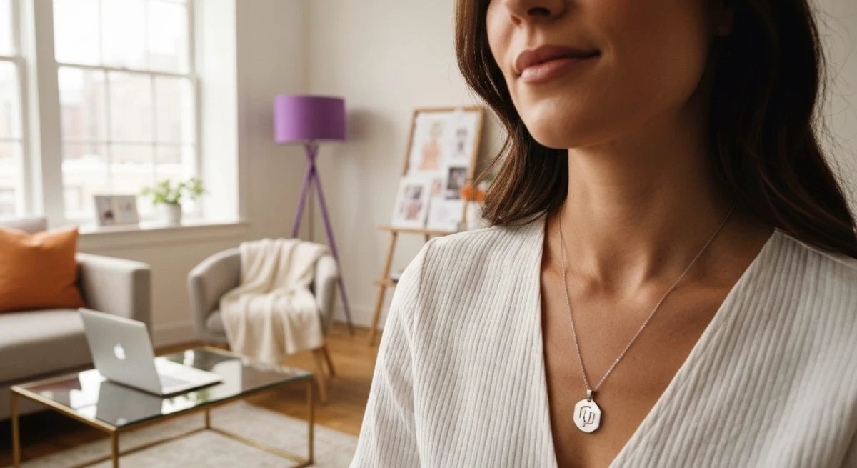 Influencer mujer en salón luminoso con logotipo Instagram en collar