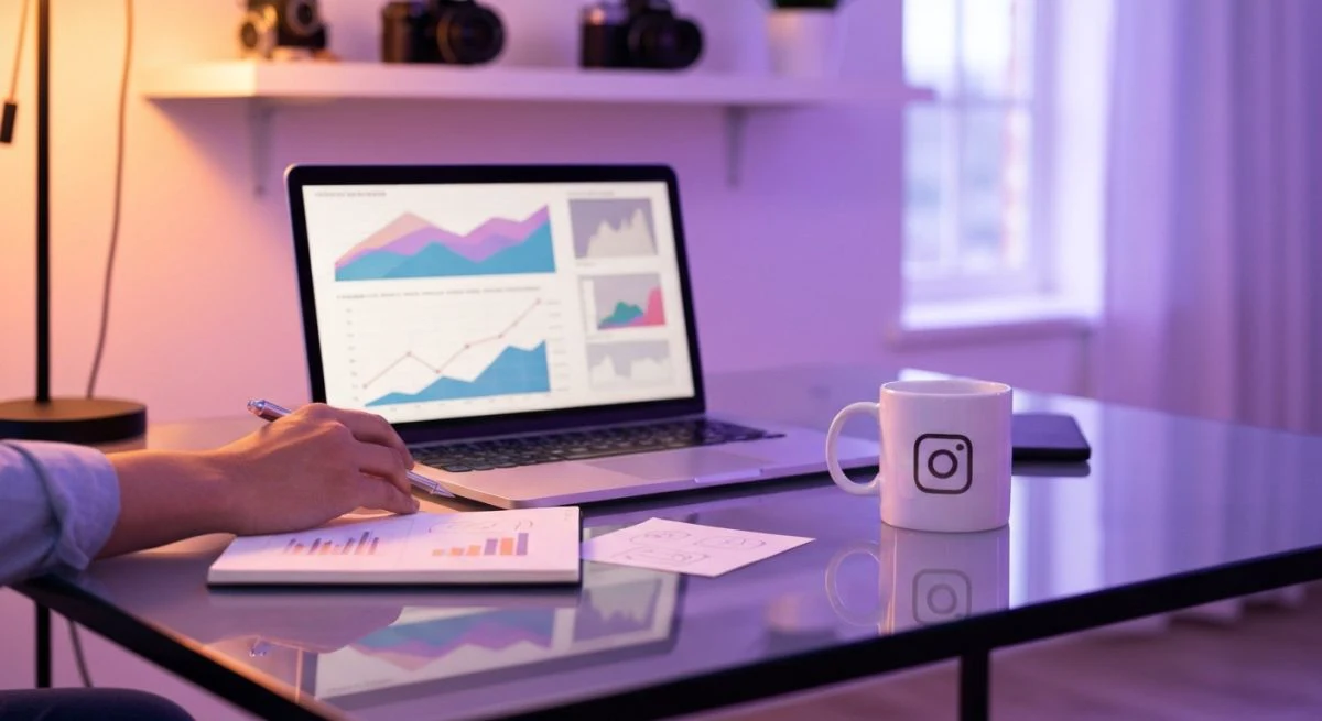 Influencer sentado en escritorio de cristal evaluando propuesta Instagram pagada