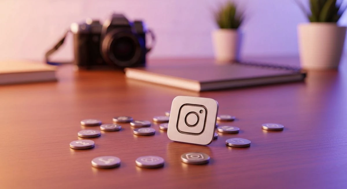 Insignia metálica con logotipo de Instagram entre fichas de crecimiento
