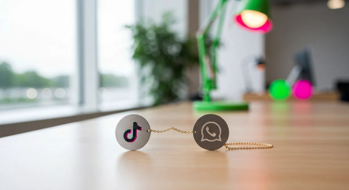 Insignias con logos TikTok y WhatsApp unidas por cadena dorada