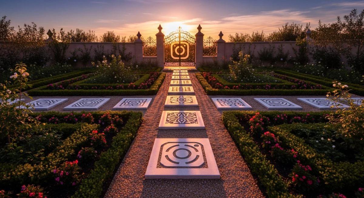 Jardín con piedras únicas y puerta decorativa con logo Instagram