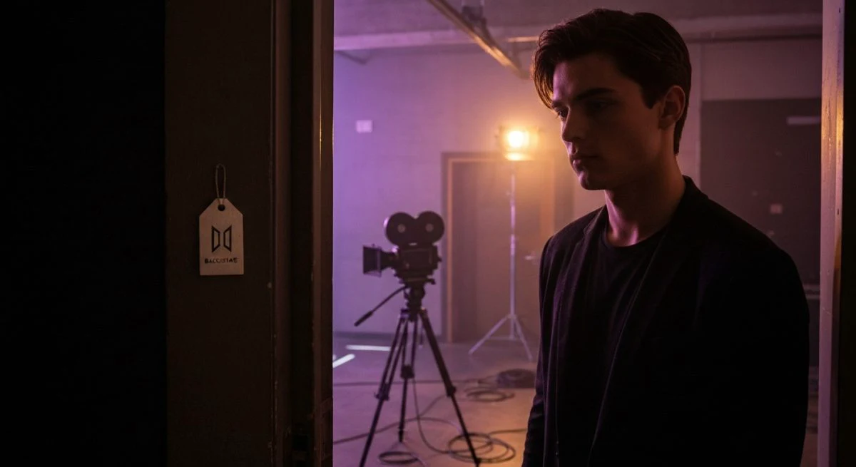 Joven actor en backstage oscuro con cámara vintage y etiqueta