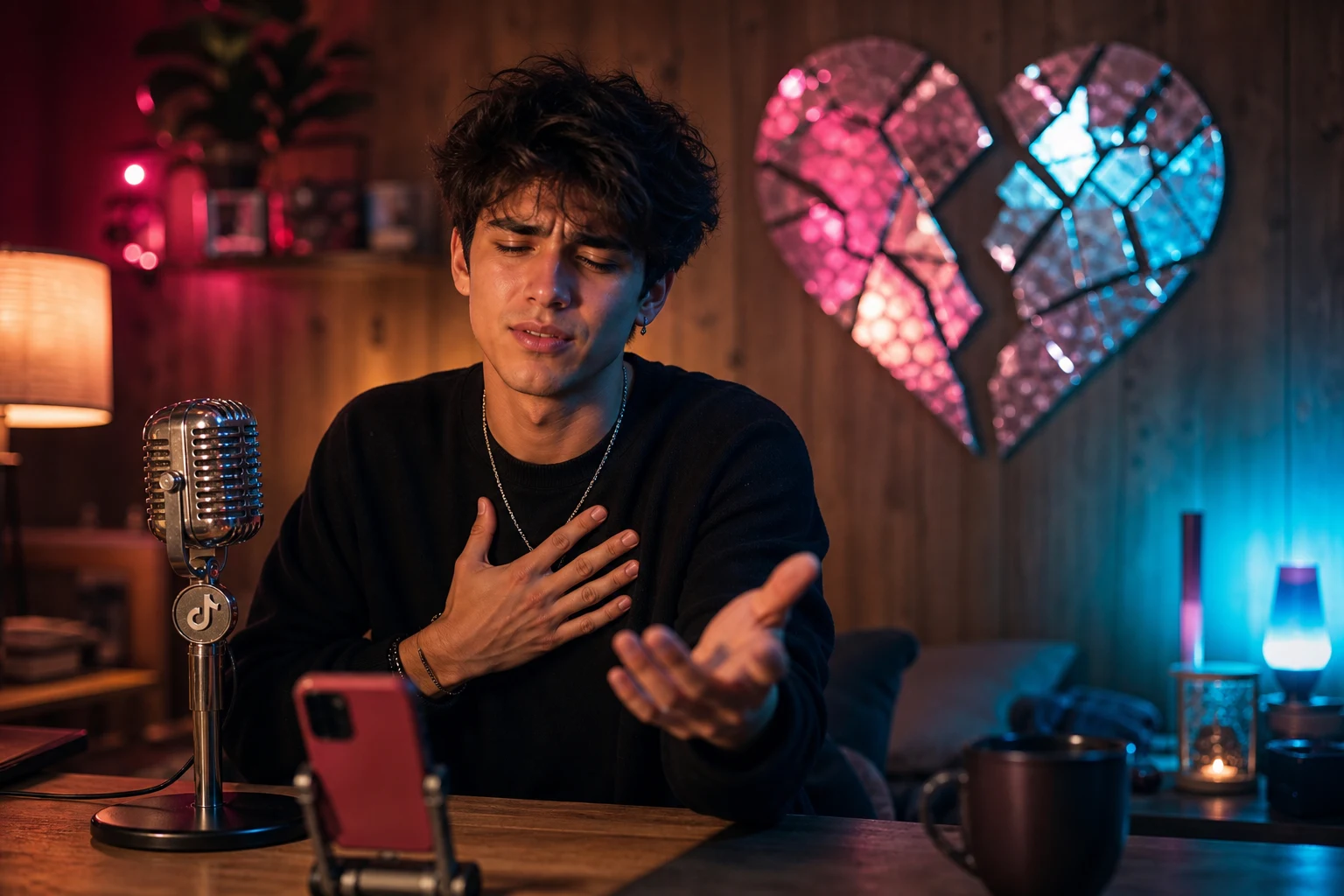 Joven creador de contenido grabando TikTok emocional en escritorio desordenado