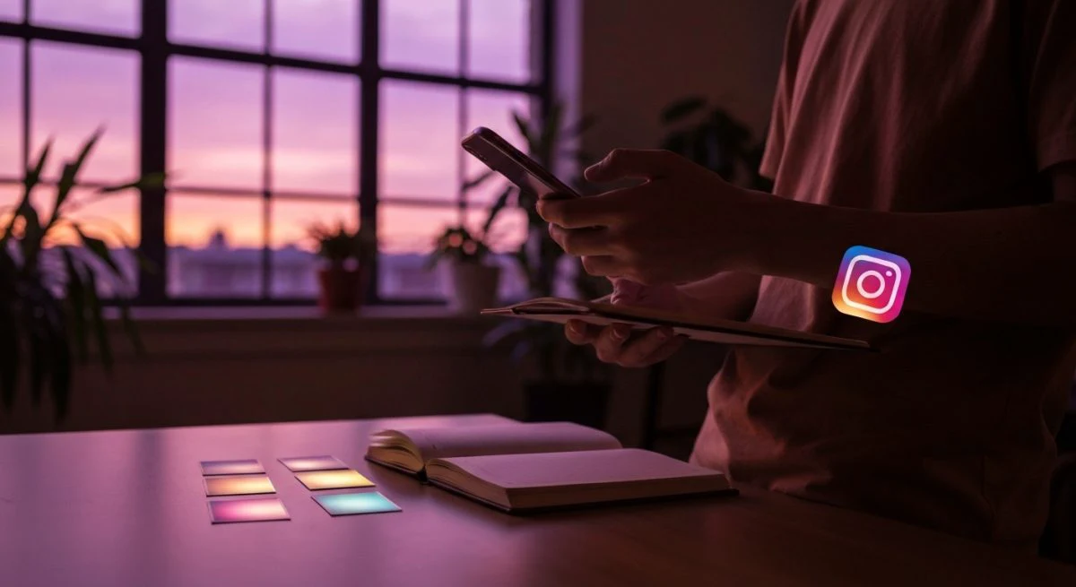 Joven creador en escritorio urbano iluminado con teléfono cuaderno Instagram