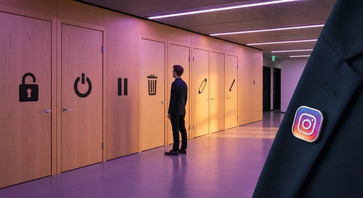 Joven en pasillo moderno con logo Instagram en solapa puertas