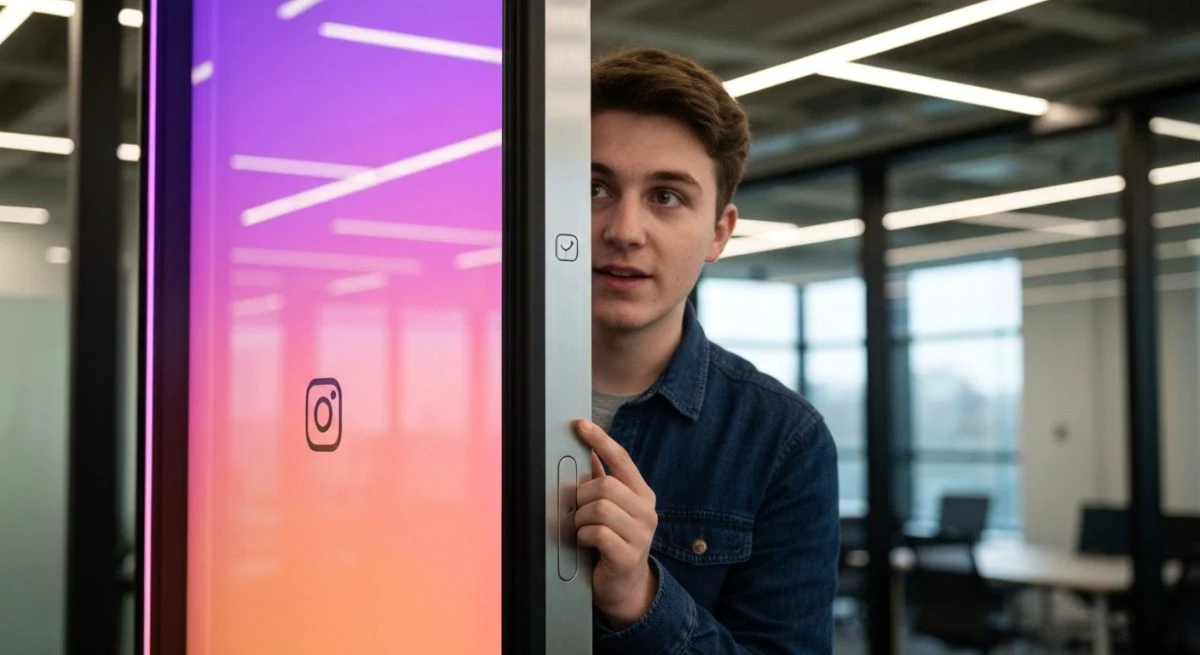 Joven frente al marco gigante de smartphone con gradiente Instagram