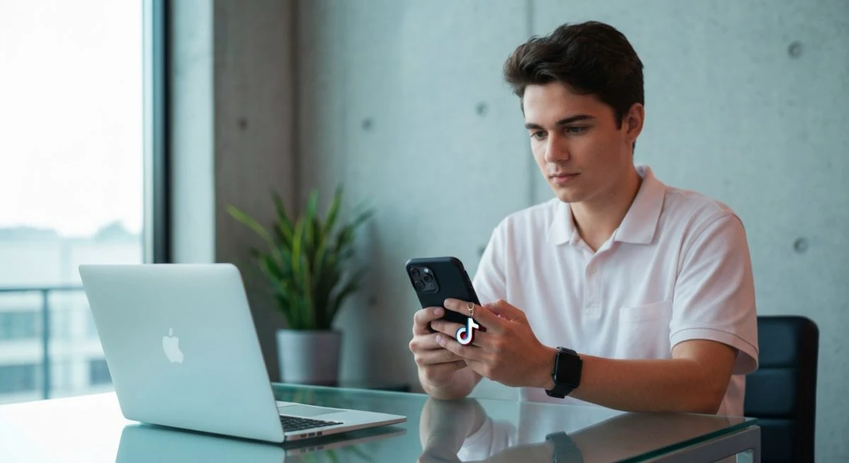 Joven sentado en escritorio cristal inspecciona smartphone con colgante TikTok