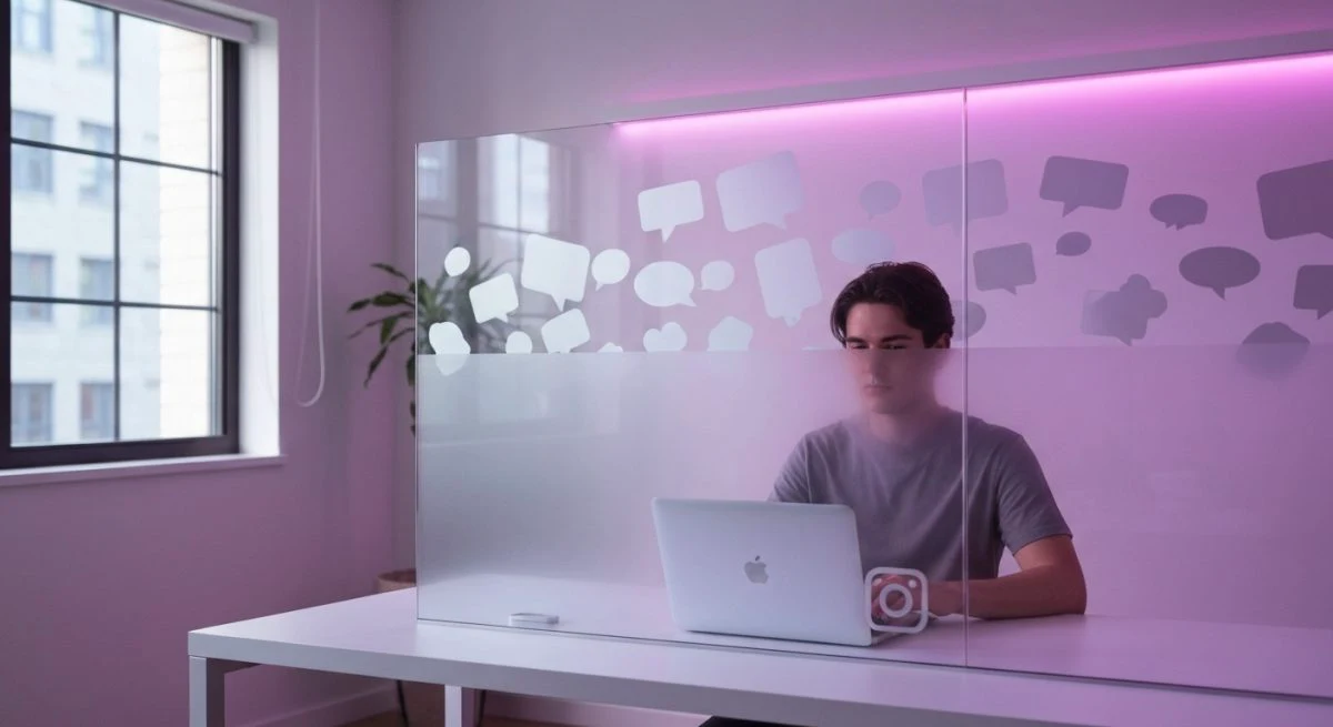 Joven sentado en escritorio minimalista mirando laptop con logo Instagram