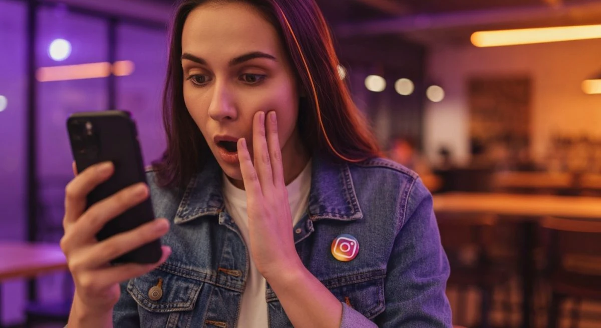 Joven sorprendido mirando smartphone con pin Instagram en chaqueta vaquera