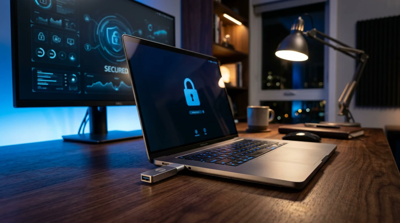 Laptop con USB grabado Facebook y candado azul en pantalla