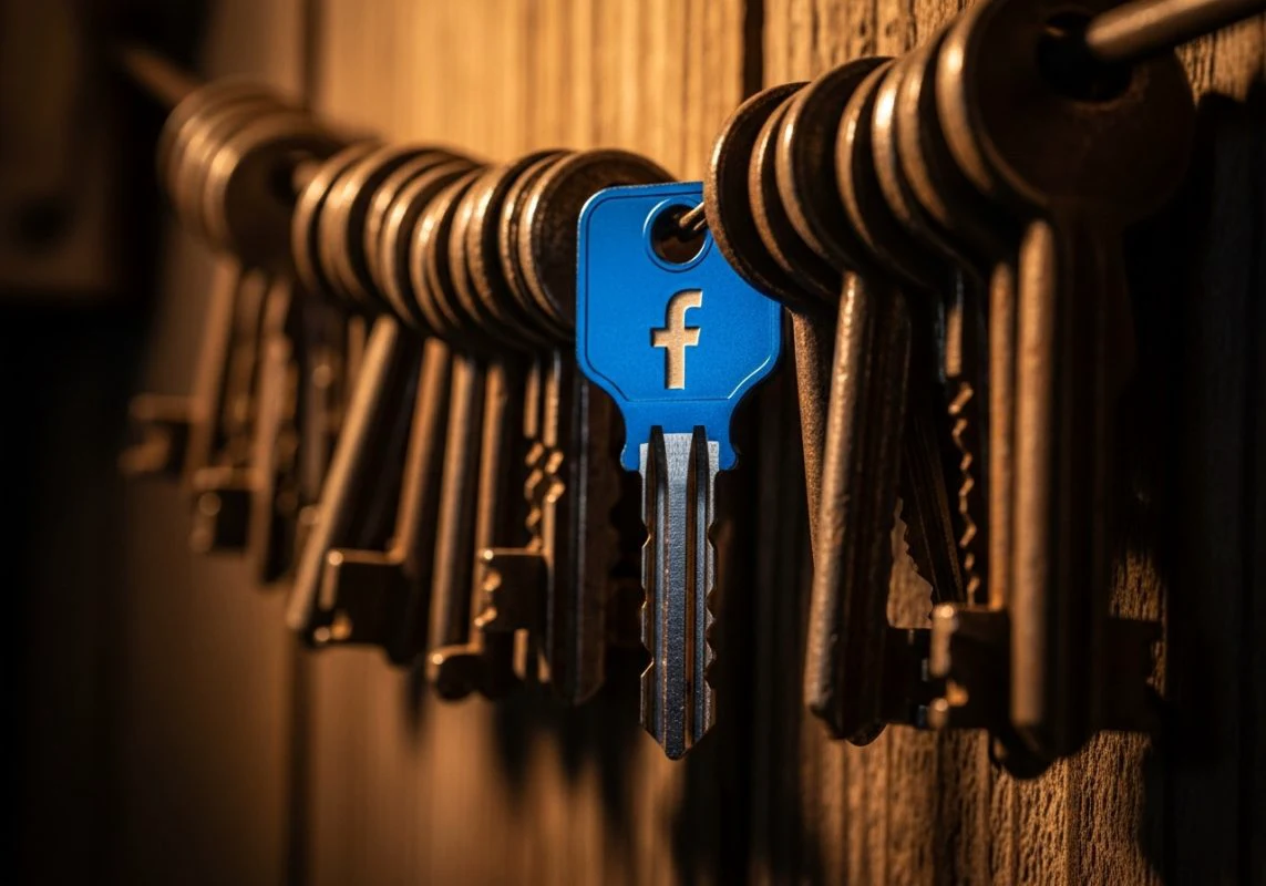 Llave moderna azul de facebook entre llaves antiguas oxidadas colgando
