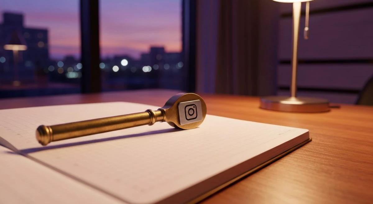 Lupa de latón primer plano sobre cuaderno con logo Instagram