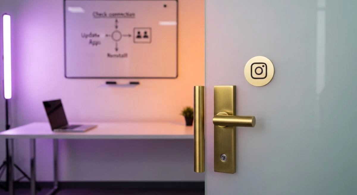 Manija de latón en puerta de vidrio con logo Instagram