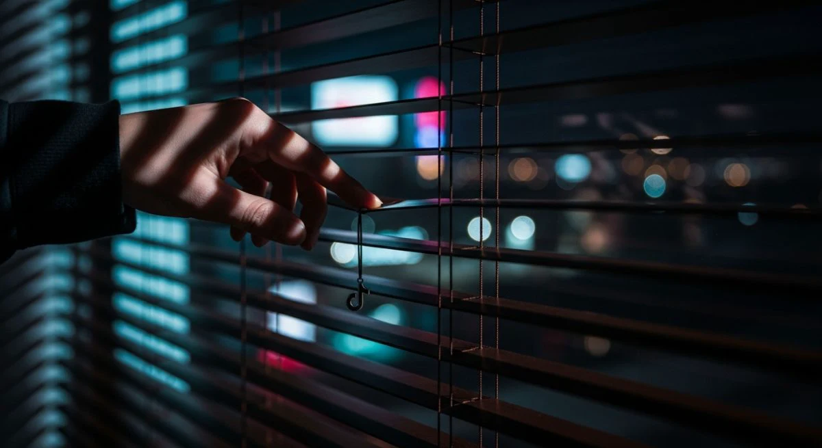Mano ajustando persianas venecianas de madera con logo de TikTok
