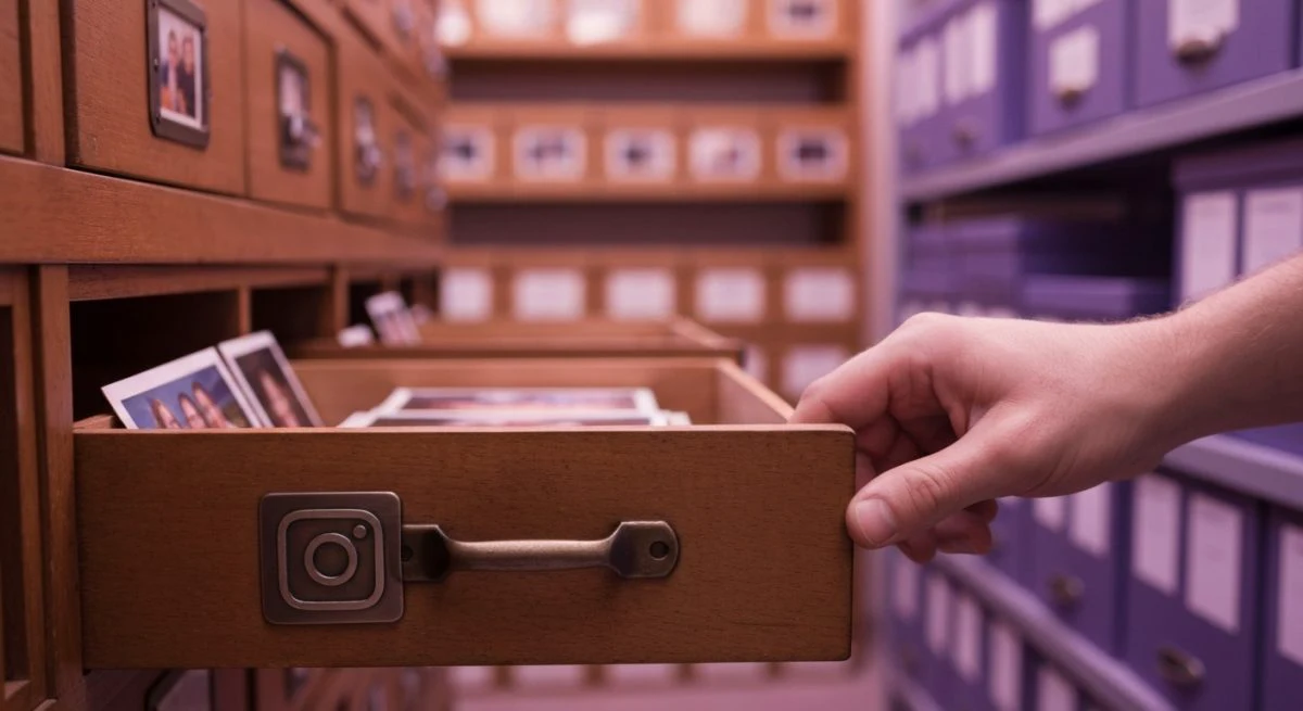 Mano alcanzando una gaveta de archivo vintage con insignia Instagram