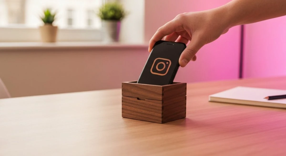 Mano bajando smartphone en caja de nogal con logotipo Instagram
