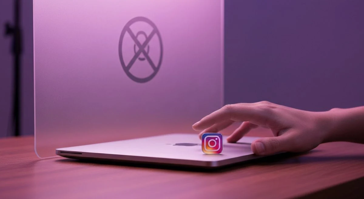 Mano cerca del portátil sobre escritorio de madera pin Instagram