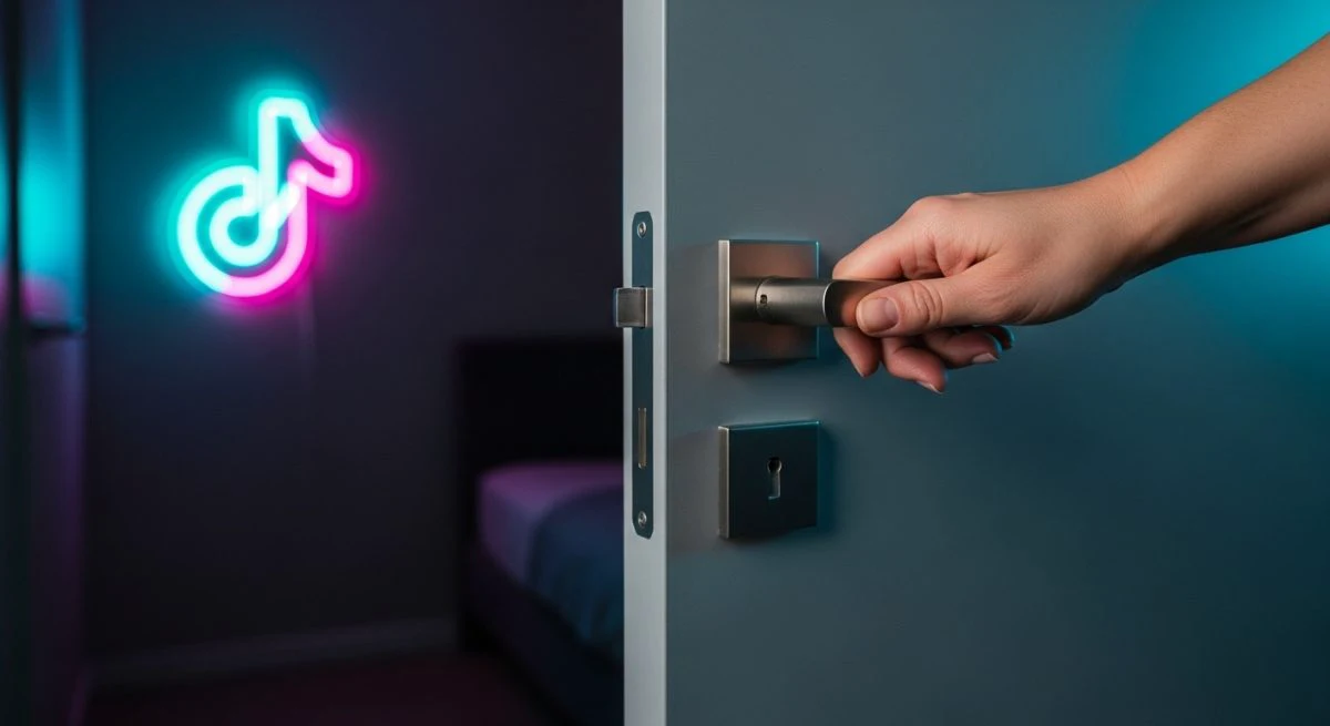 Mano cerrando puerta dormitorio minimalista con luz neón logo TikTok