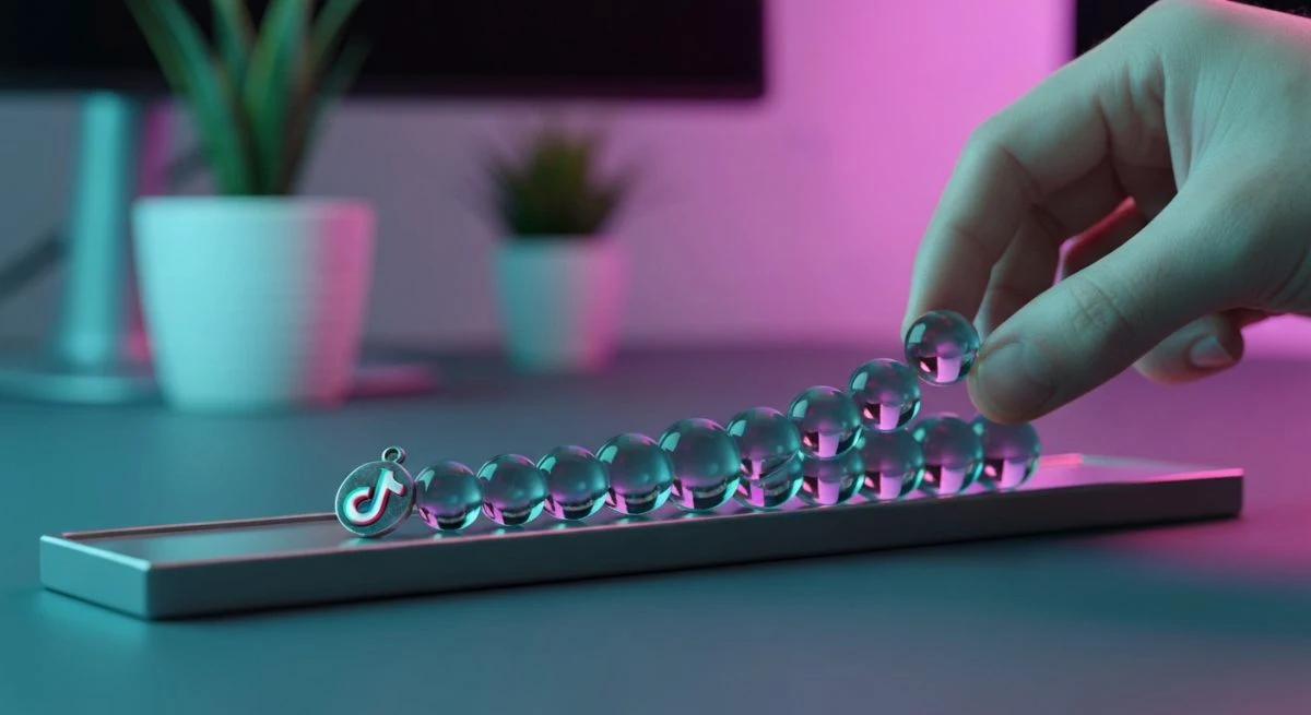 Mano coloca cuenta entre cuentas de vidrio con logo TikTok