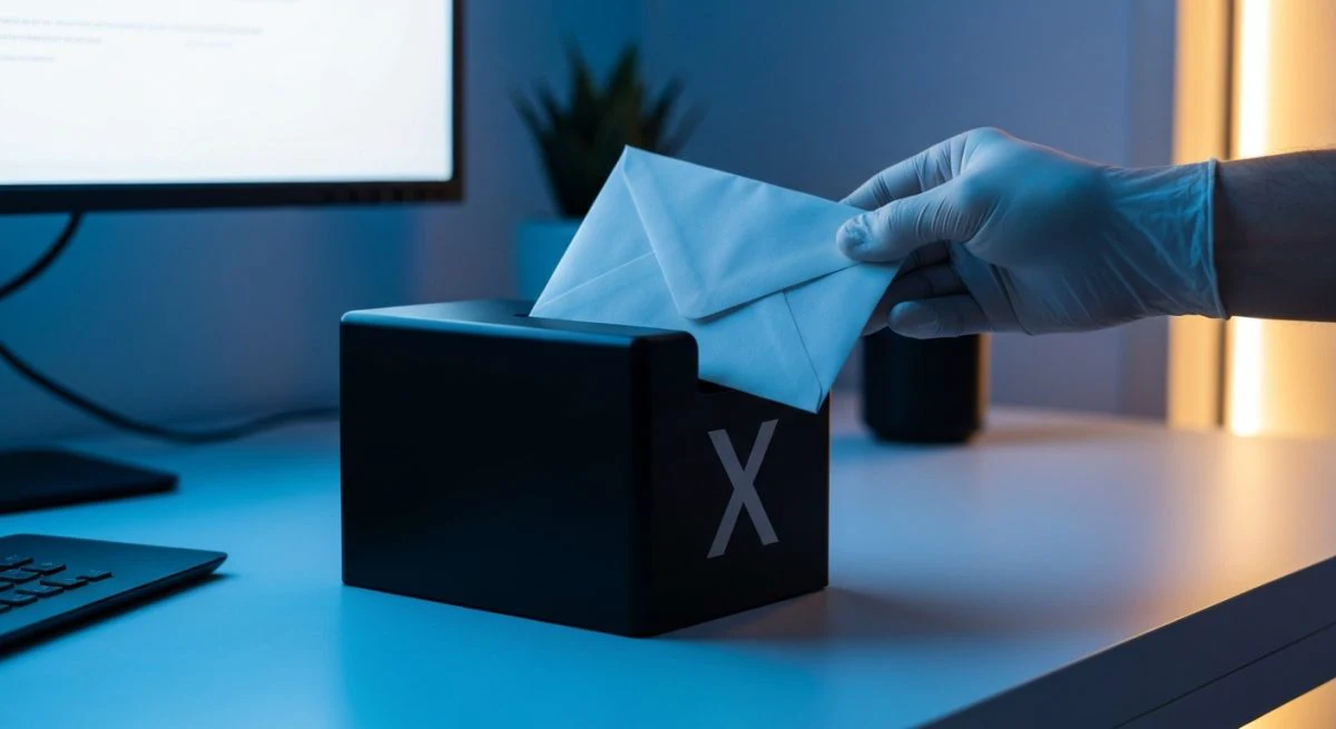 Mano con guante introduce sobre en caja anónima logo X
