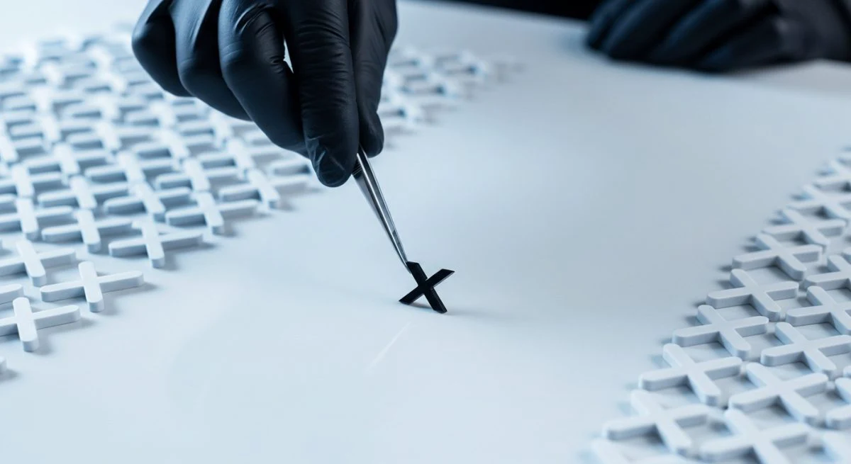 Mano con guante negro levantando pieza metálica con forma de logo de X negra con pinzas