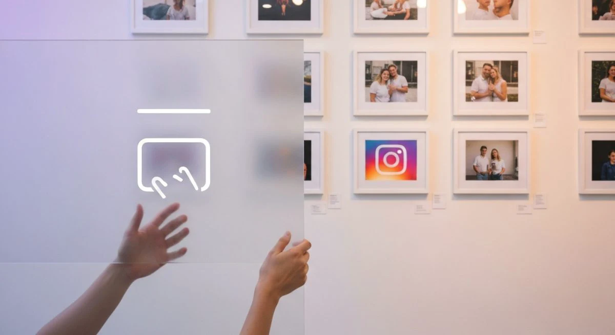 Mano deslizando panel de vidrio esmerilado oculta publicaciones etiquetadas Instagram