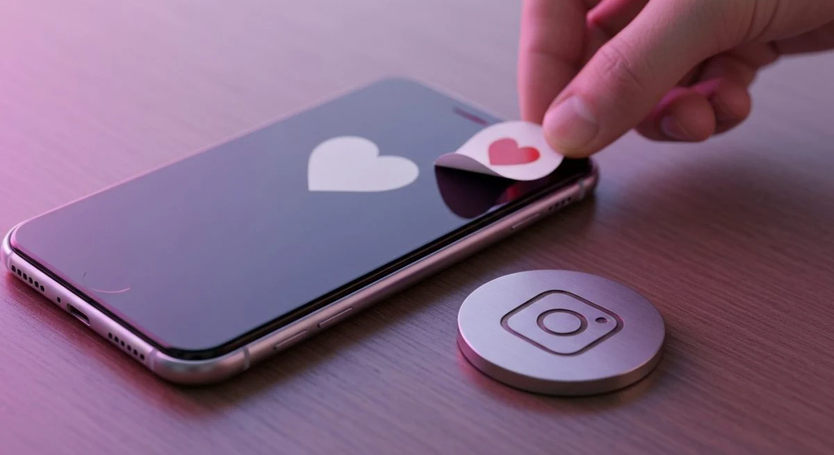 Mano despega pegatina corazon rojo del protector de pantalla Instagram