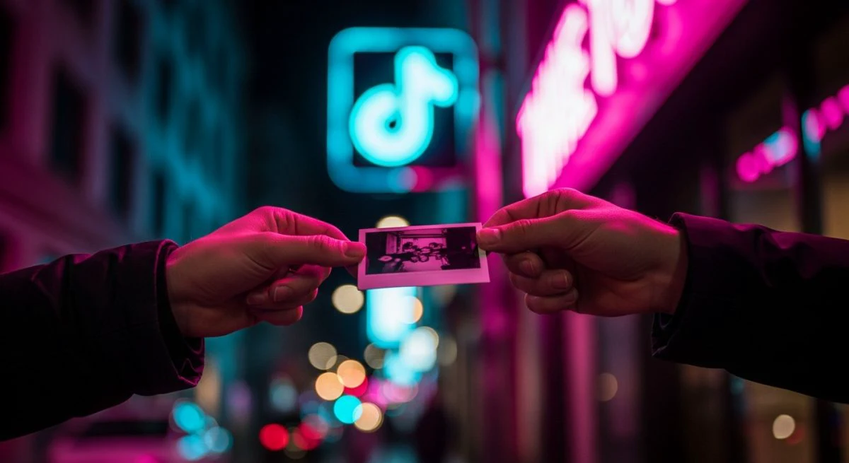 Mano entregando fotografía instantánea en calle vibrante de noche